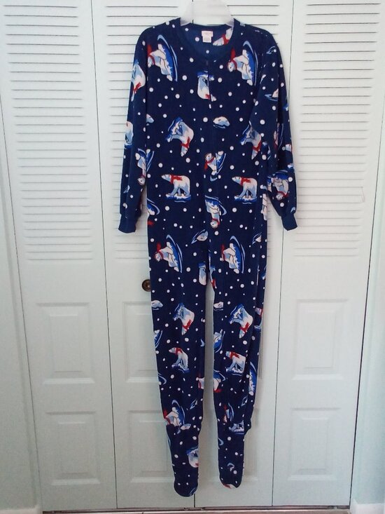 CHEROKEE L (12-14) NAVY FLEECE FOOTIE PAJAMAS POLAR BEAR FULL ZIP SLEEPER COZY - Picture 1 of 10
